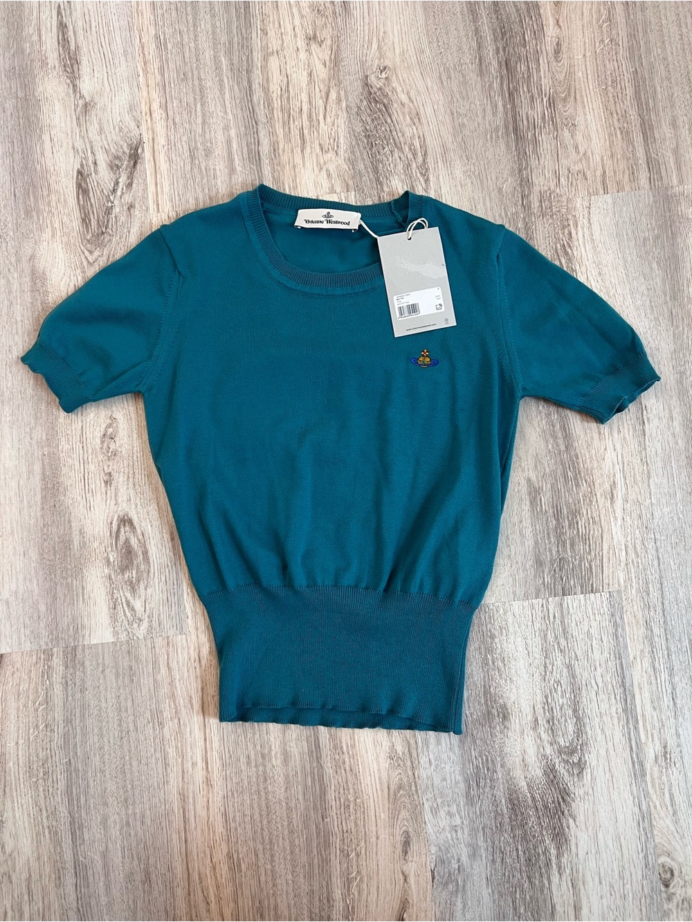 Vivienne Westwood Teal Short-Sleeve Bea Top Pullover with Orb Emblem